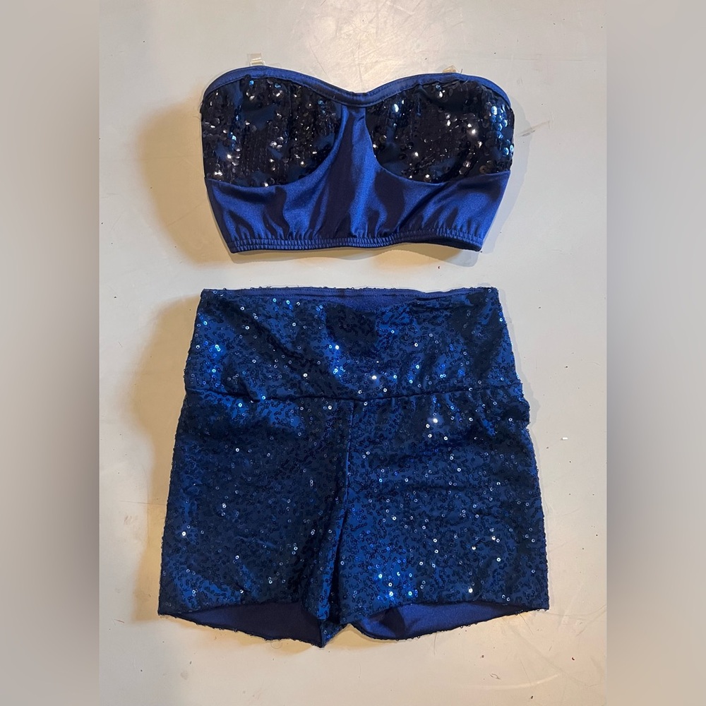 Navy Blue Sequin Crop Top and High waisted short Set Large child DANCE